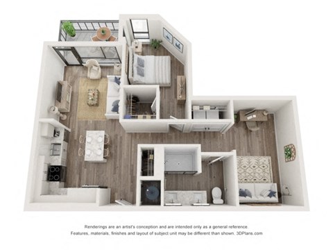 Floor plan for 1 bed, 1 bath, 894 sqft